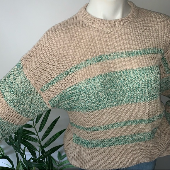 v i n t a g e :: Slouchy Ribbed Knit Natural Striped Knit Sweater - Picture 2 of 9